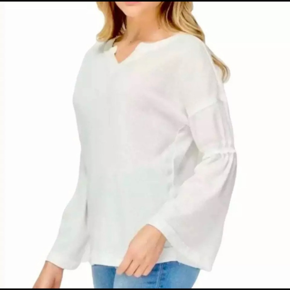 Baea Womens White Waffle Knit Thermal Flare Tiered Bell Sleeve Blouse S 4936